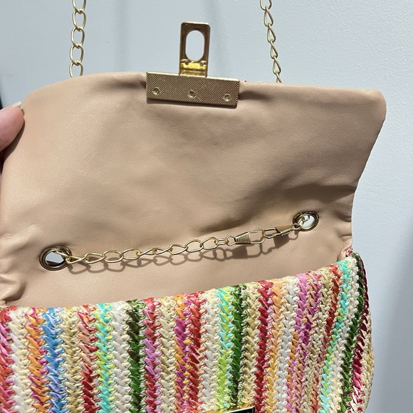 Straw Handbag Purse Colorful Boho Beach Gold Chain Strap Pink Rainbow‎ Fun - Picture 5 of 7